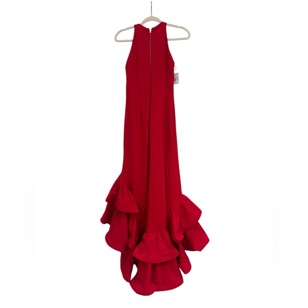 Betsy & Adam Red Asymmetrical Ruffle Gown - Picture 6 of 9